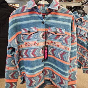 Rock & Roll Denim Women's Shacket Shirt Jacket - Blue Coral Burgundy